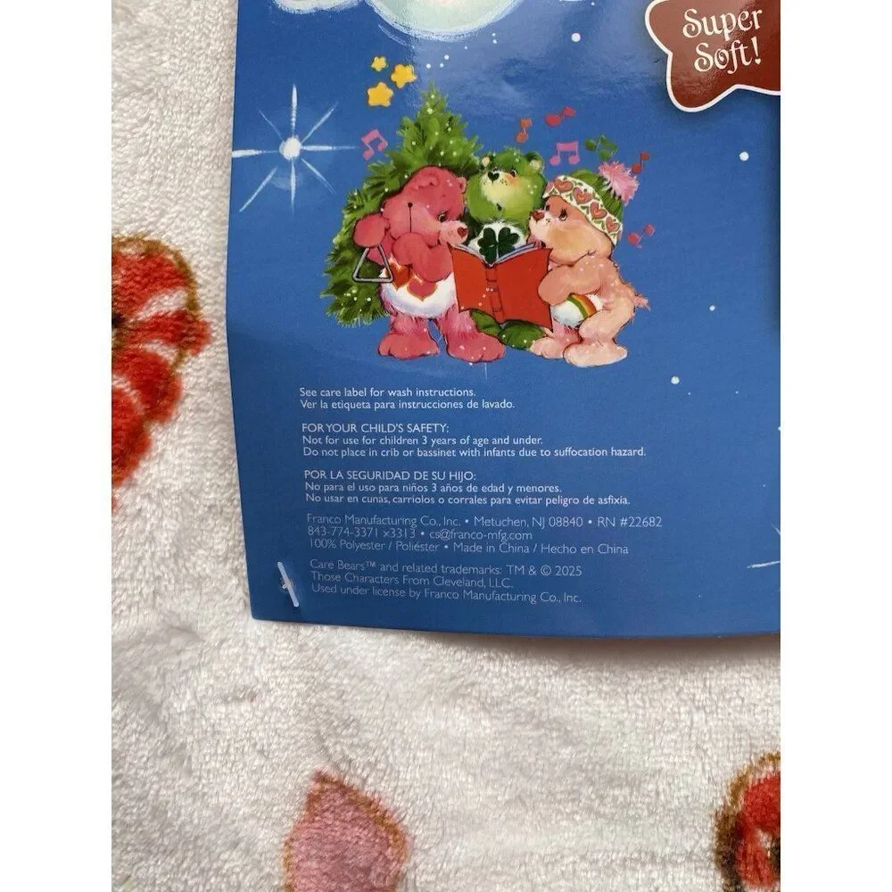 Care Bears Christmas Carols Holiday Tree Candy Cane Throw‎ Blanket 50” X 70” NEW